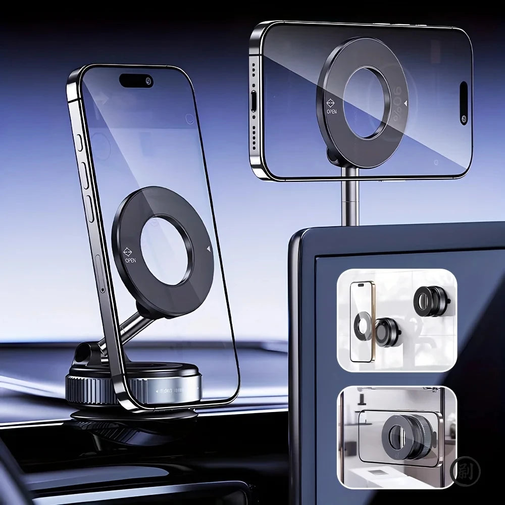 Strong Magnetic Car Phone Holder Foldable Design 360° Adjustable Vacuum Mount for Car/Desk/Bathroom/Universal Use.