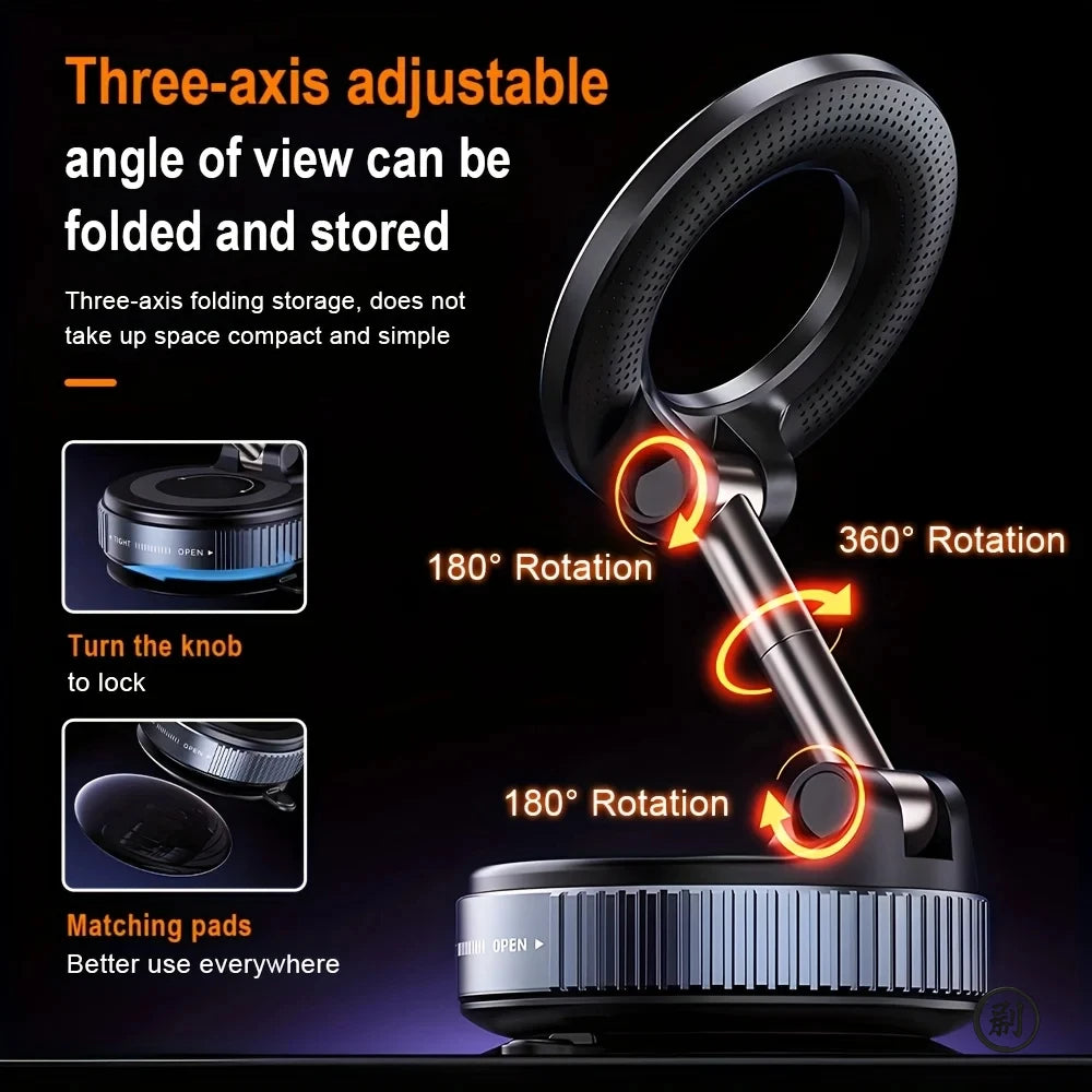 Strong Magnetic Car Phone Holder Foldable Design 360° Adjustable Vacuum Mount for Car/Desk/Bathroom/Universal Use.